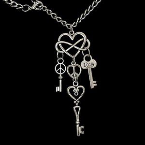 #486 Classic Silver Key & Hearts Charm Pendant Necklace